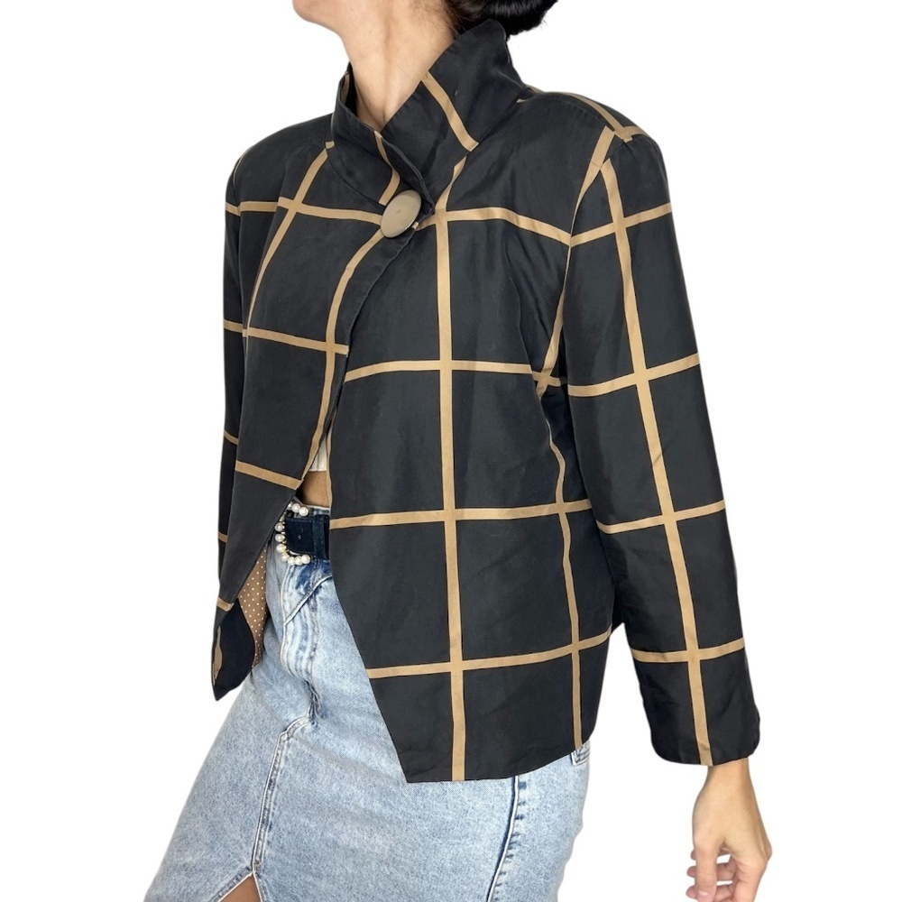 Old money pure silk black tan windowpane mock neck jacket blazer 16